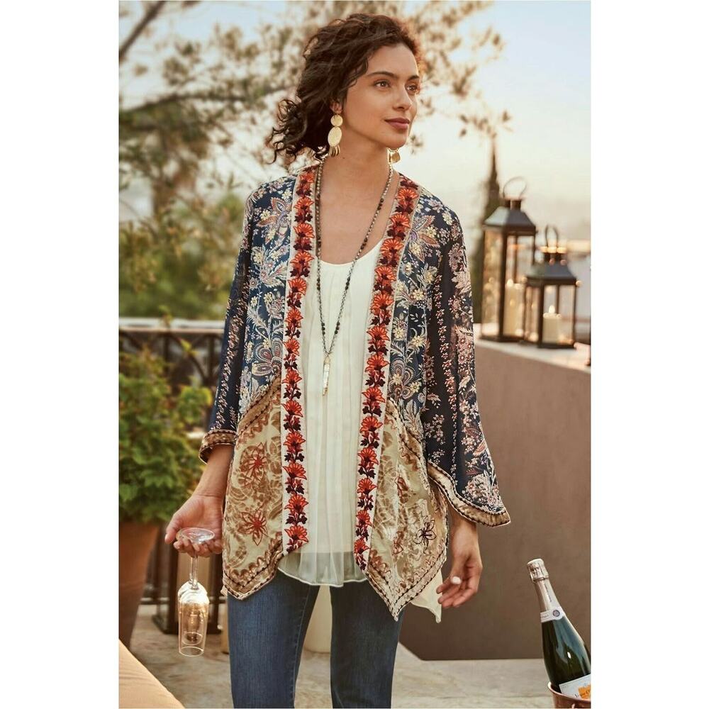 Soft Surroundings Moonlight Garden Embroidered Velvet Kimono Topper Jacket 3X